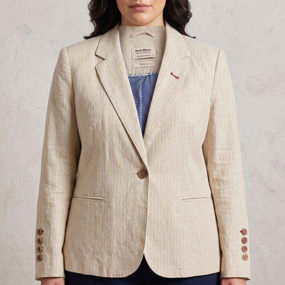 Punto Blanco Women's Blazer Linen Blend Pinstripe Coastal Quiet Luxury XL
